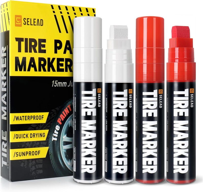 SELEAD Jumbo Tire Marker White Red - 4 Pack 15mm Wide Tip Paint Pens for Car Tires Lettering, Large Capacity Premium Ink Waterproof Permanent Markers - Image 1